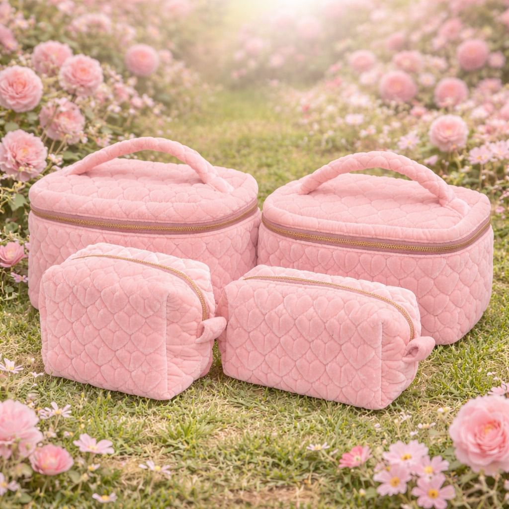 Kit Bolsa com Necessaires de Veludo Coração Matelado Rosa