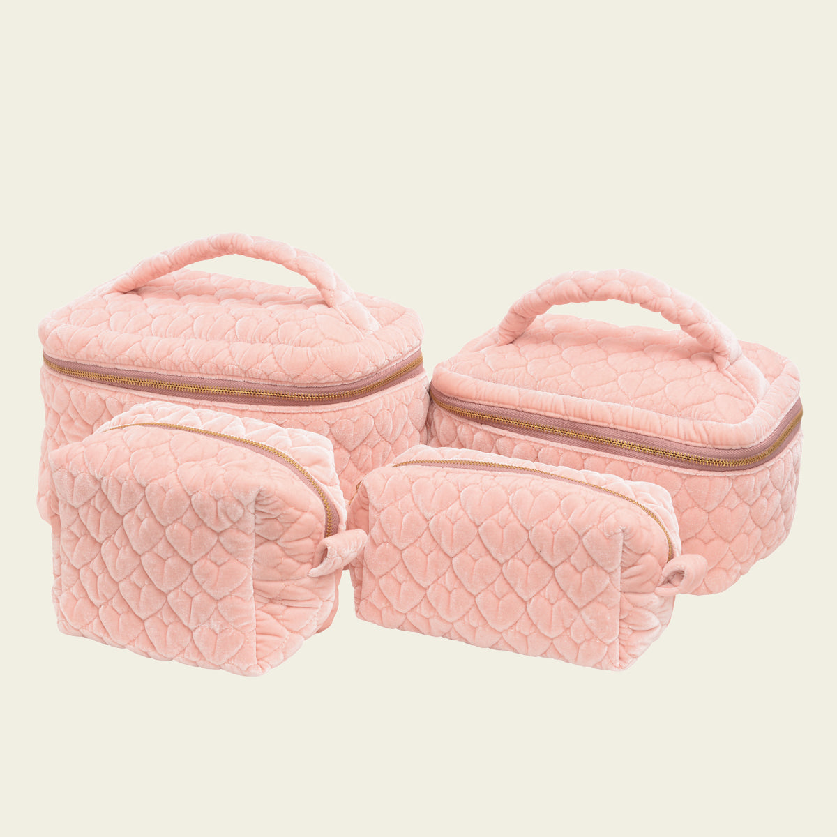 Kit Bolsa com Necessaires de Veludo Coração Matelado Rosa