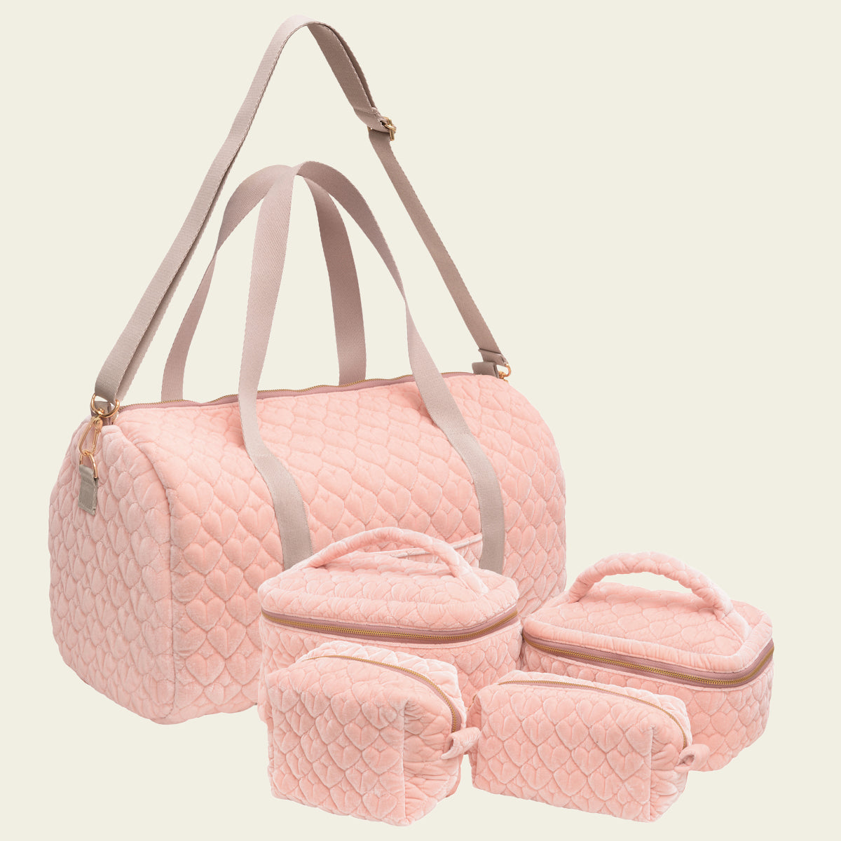 Kit Bolsa com Necessaires de Veludo Coração Matelado Rosa