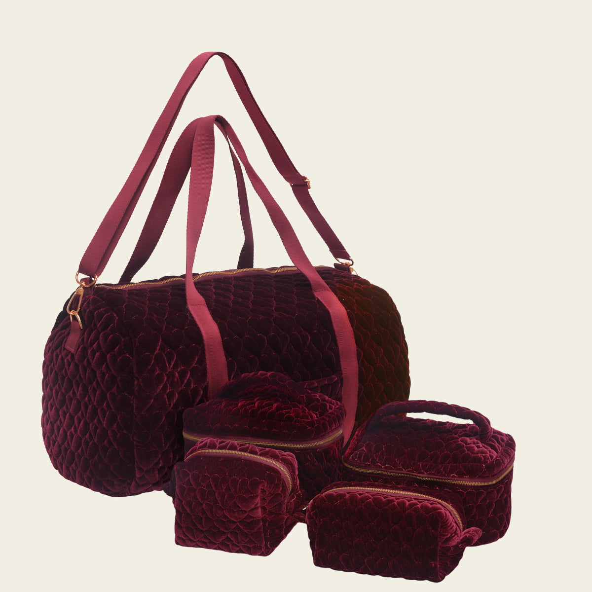 Kit Bolsa com Necessaires de Veludo Coração Matelado Vinho